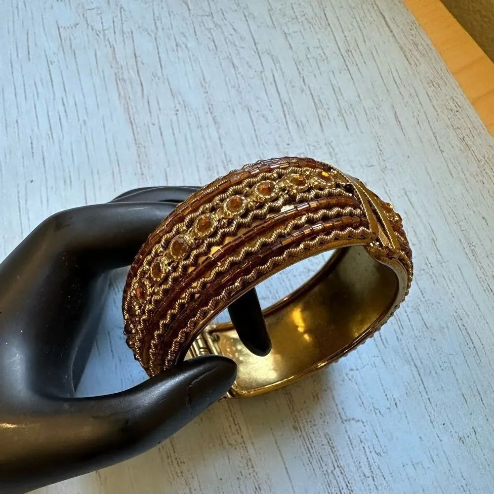 Brass Amber Color Embellished Hinged Bracelet